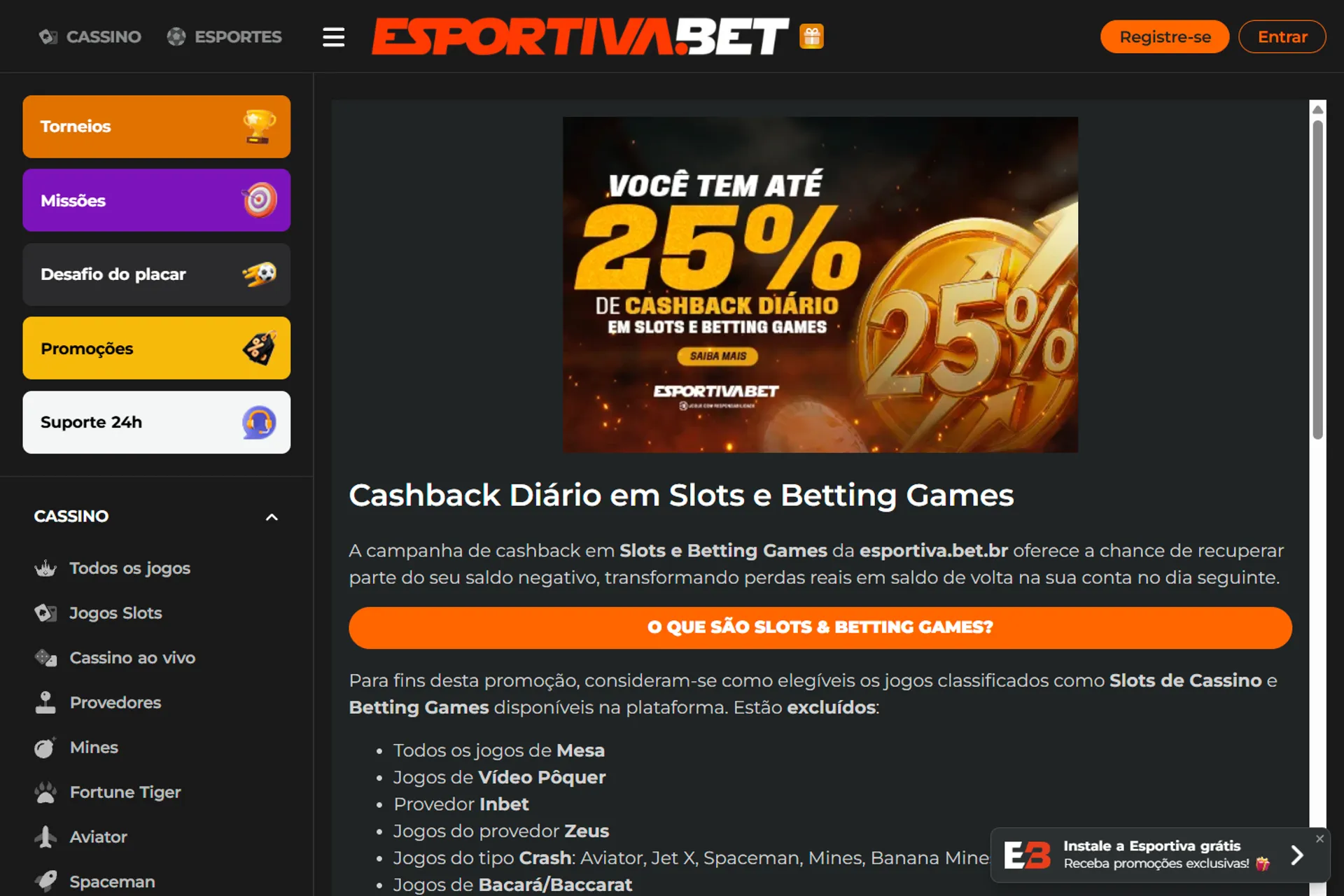cashback em slots da Esportiva Bet