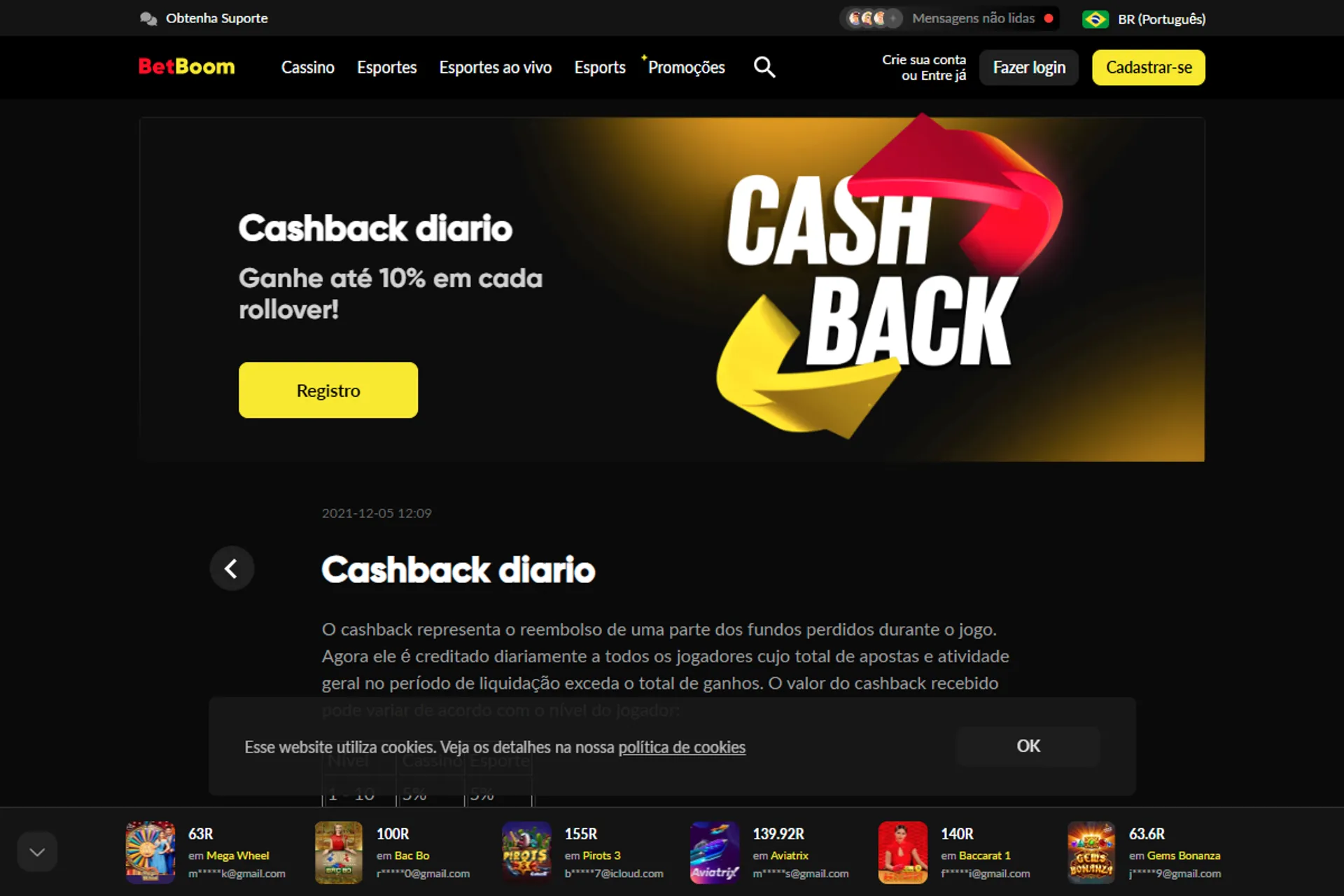 cashback diário da Betboom