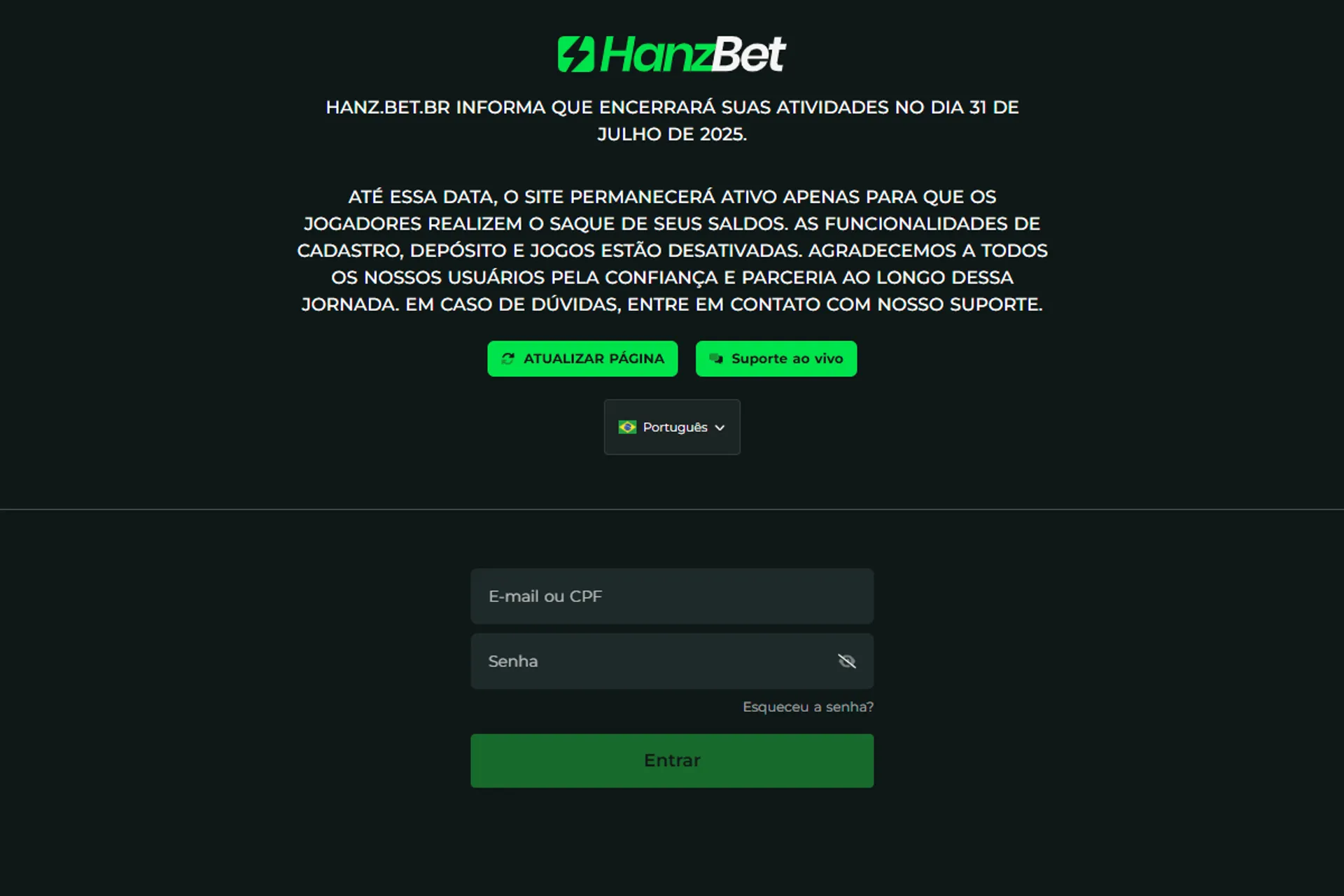 Hanzbet fechamento