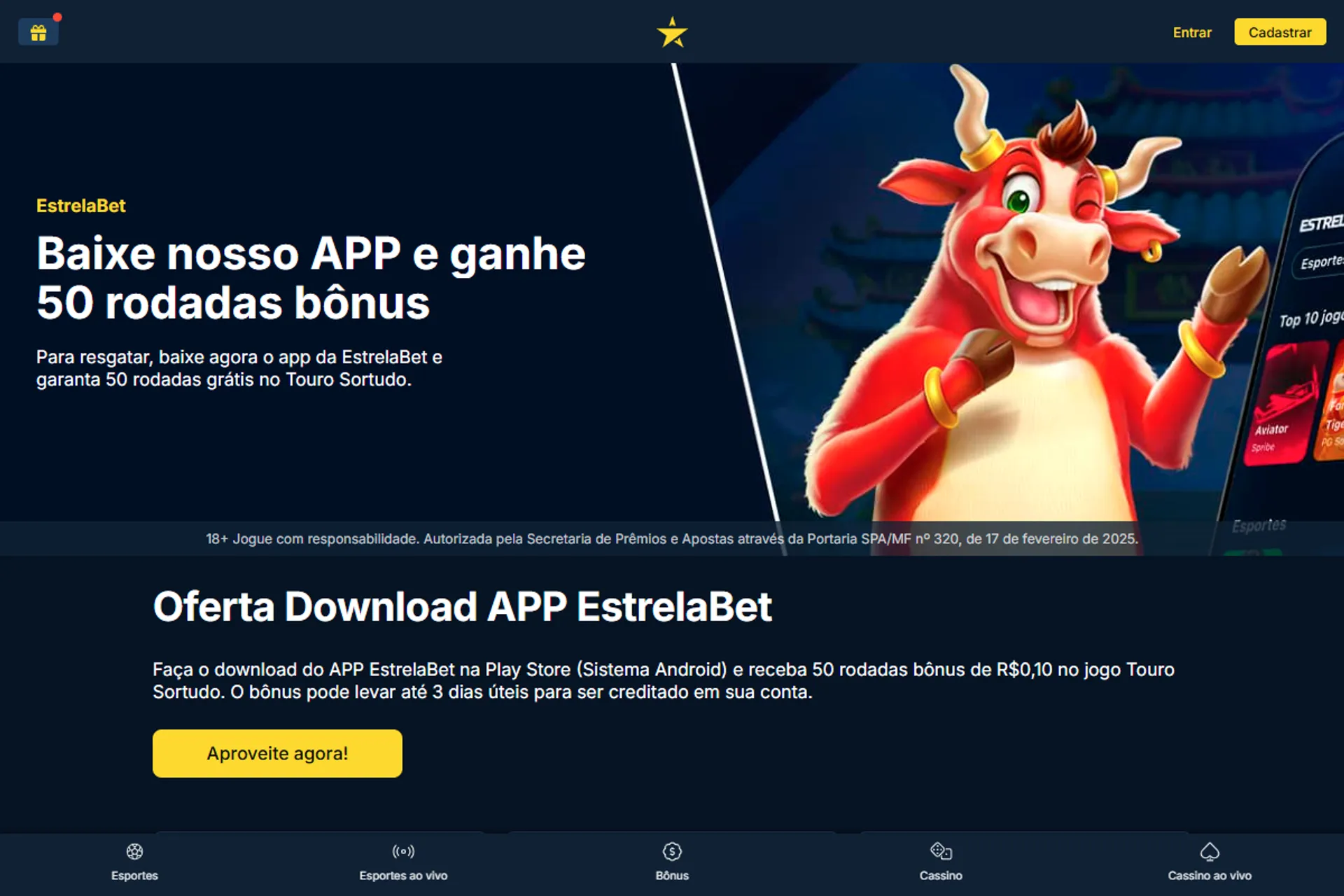 bônus de download do app da Estrela Bet