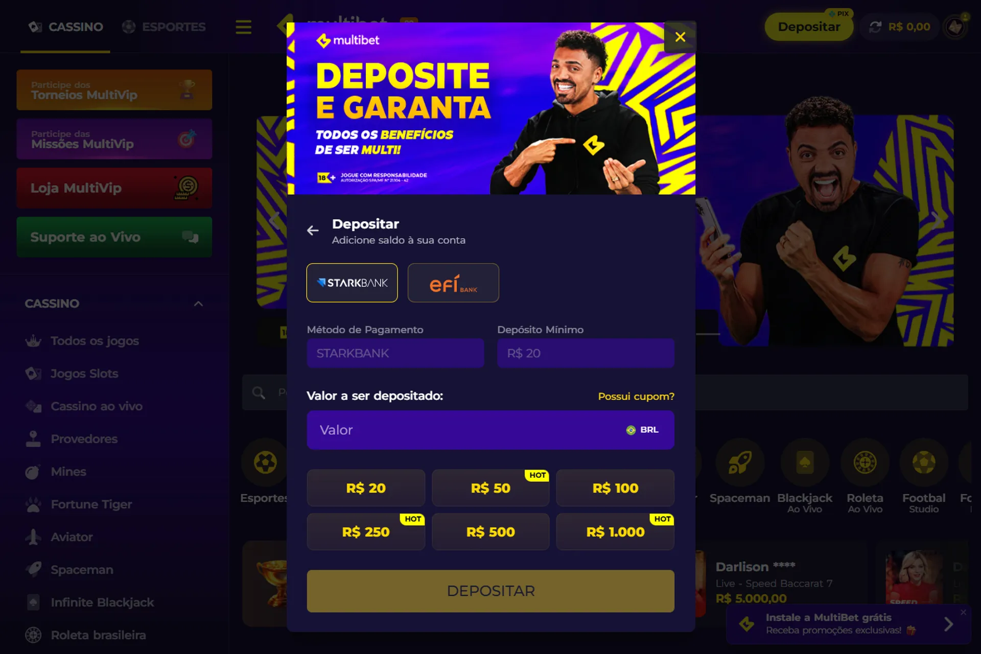 página de depósito mínimo da multibet
