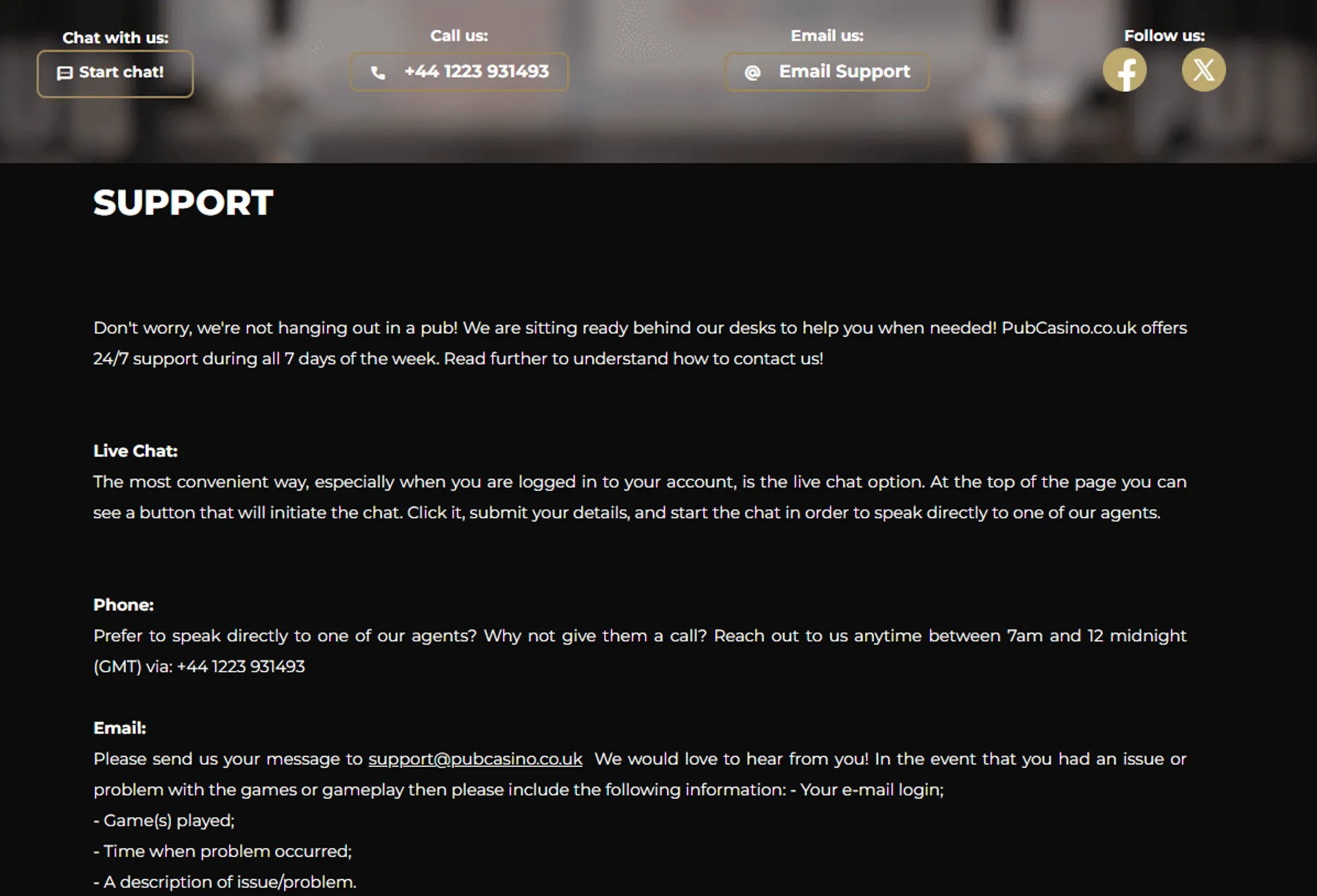 Customer support at Pub Casino