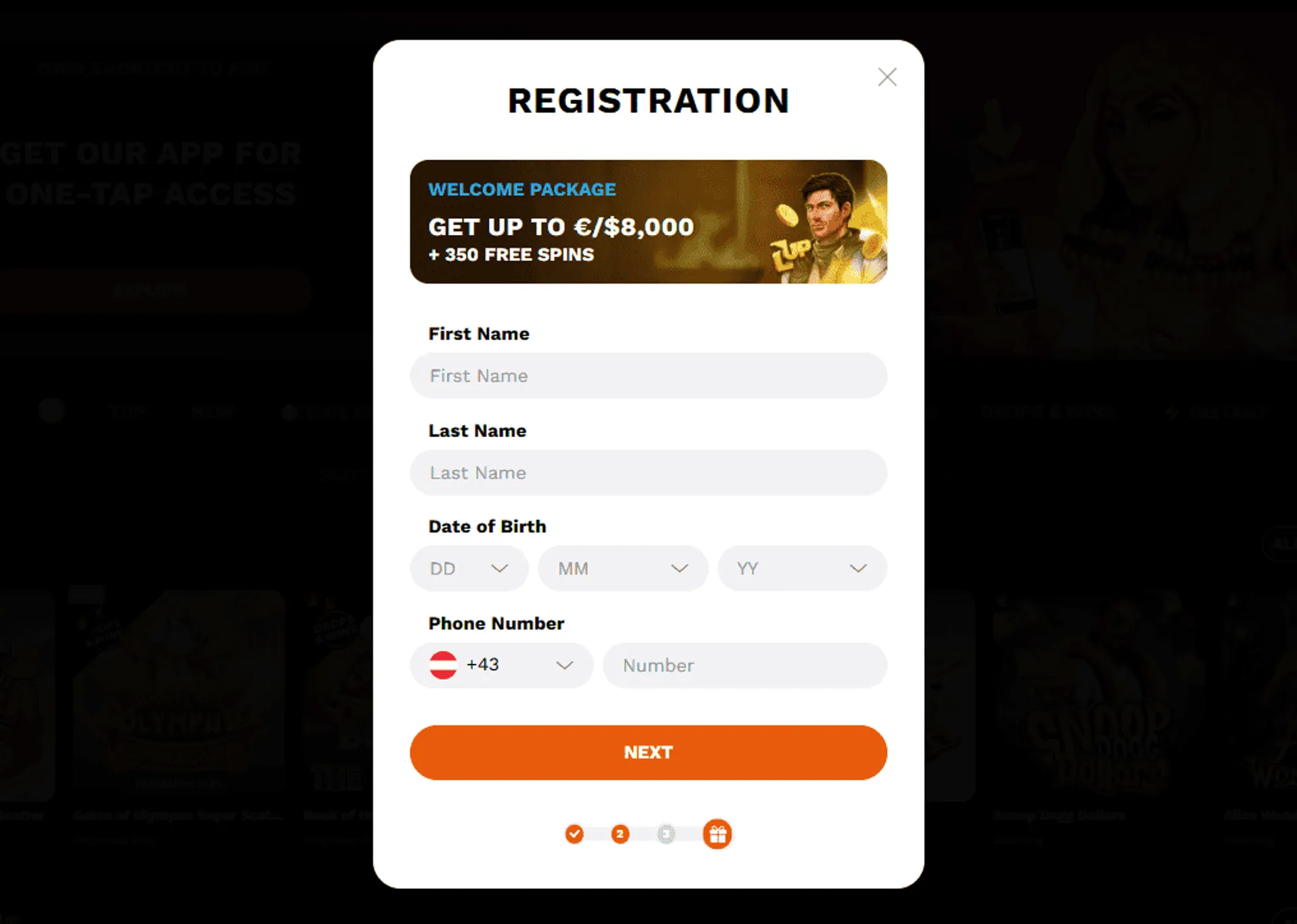 LevelUp casino registration step 1