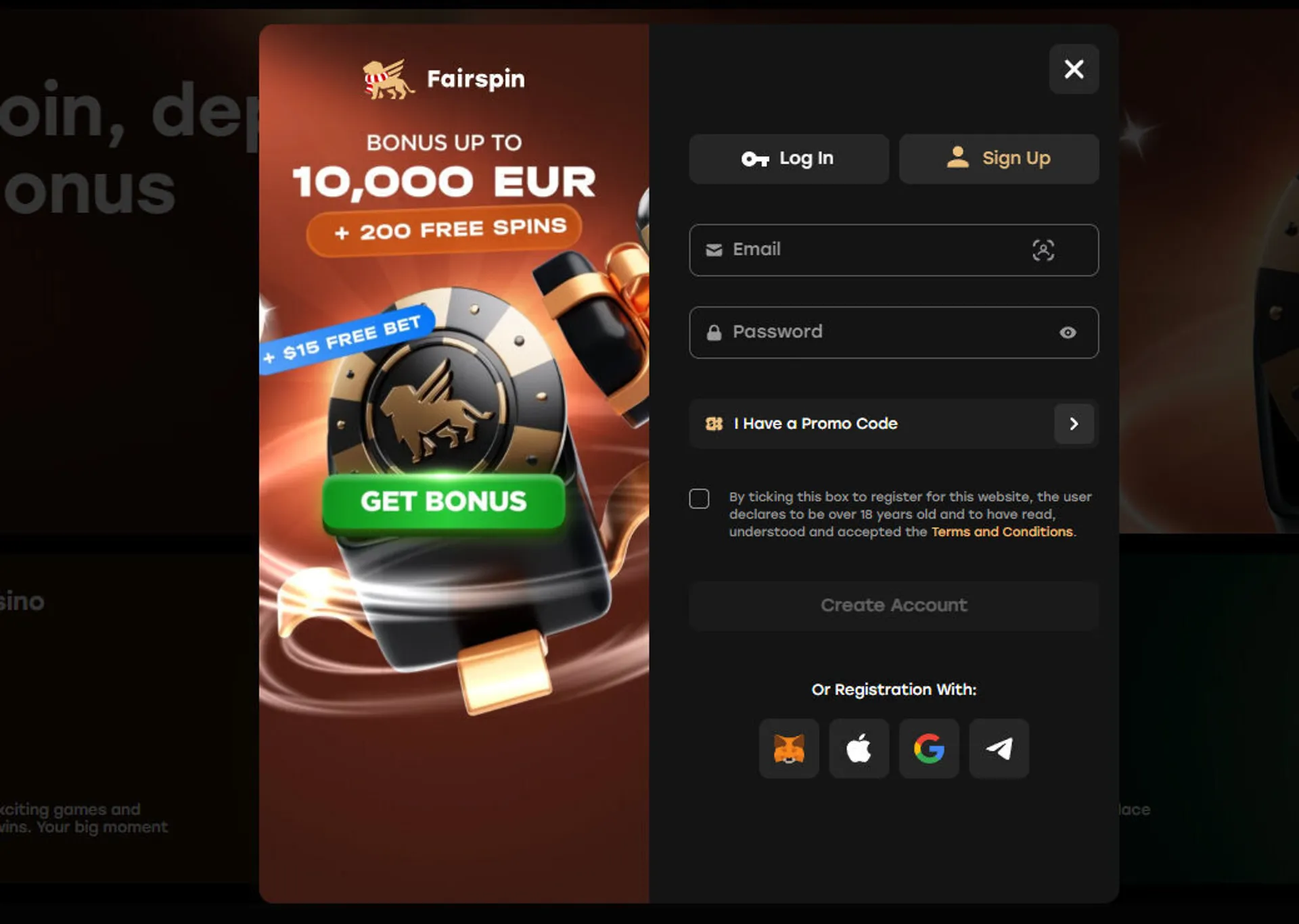 Enter your email and desired password for Fairspin