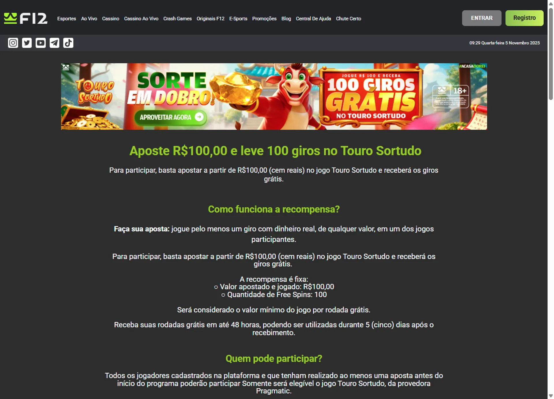 bônus f12 bet rodadas grátis Touro Sortudo