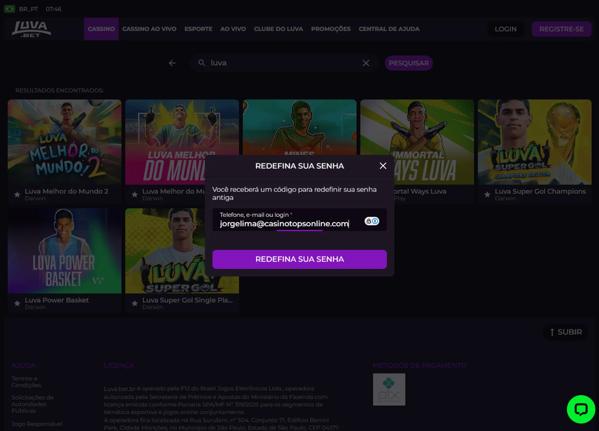 mensagem de esquecimento de senha Luva Bet