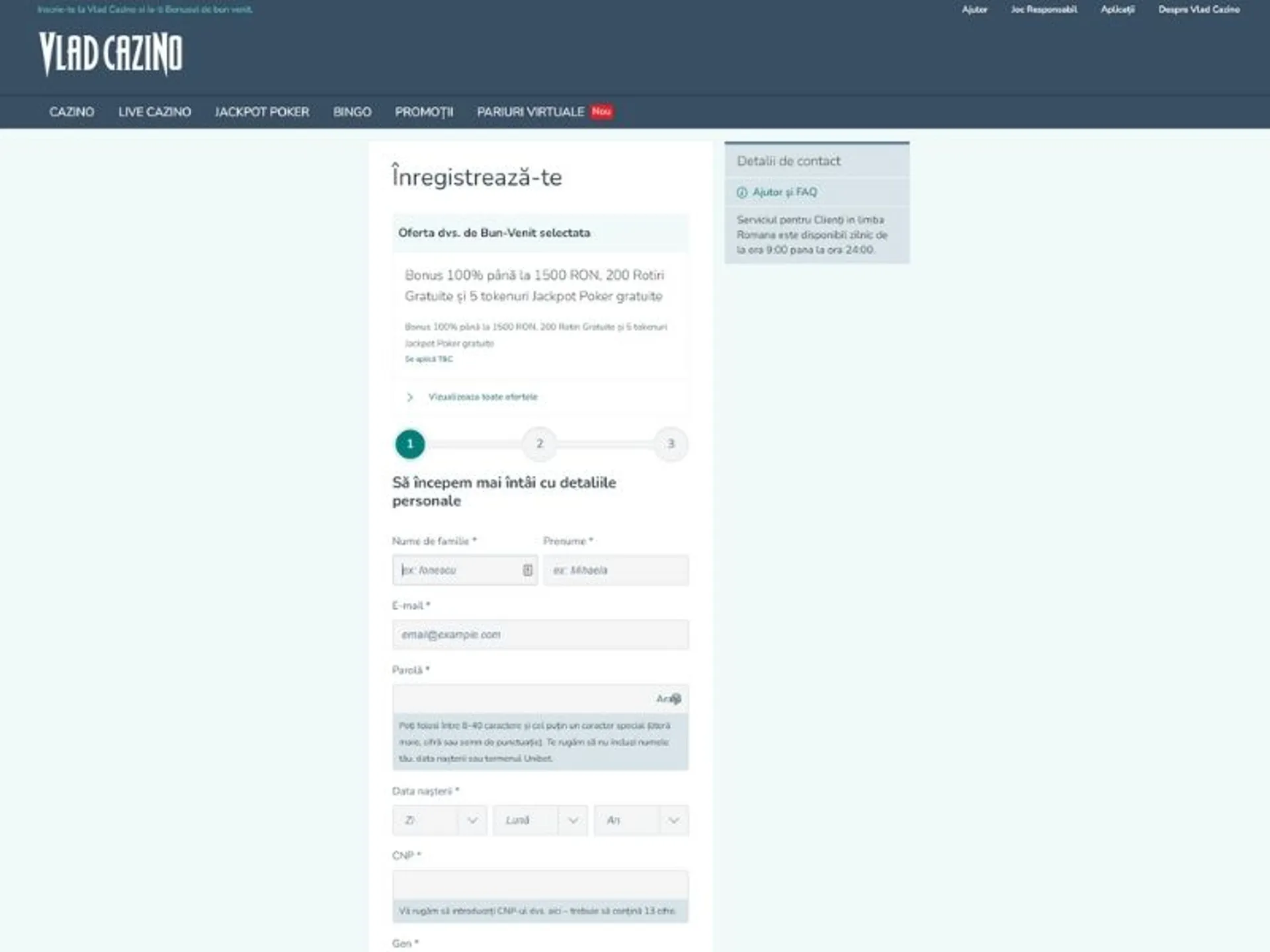 Vlad cazino.ro - Înregistrare