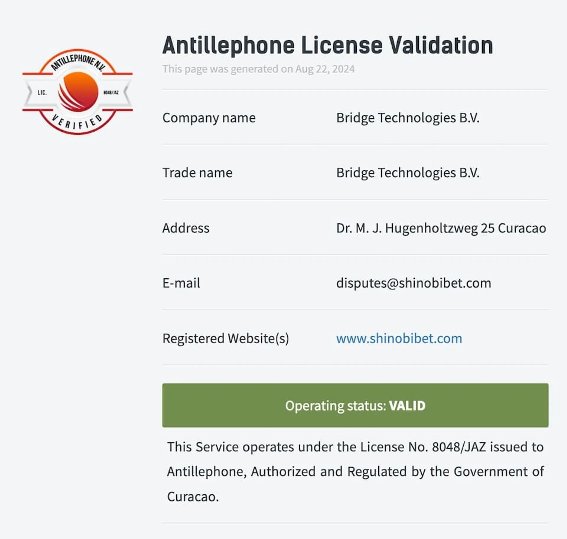 Antillephone License Validation