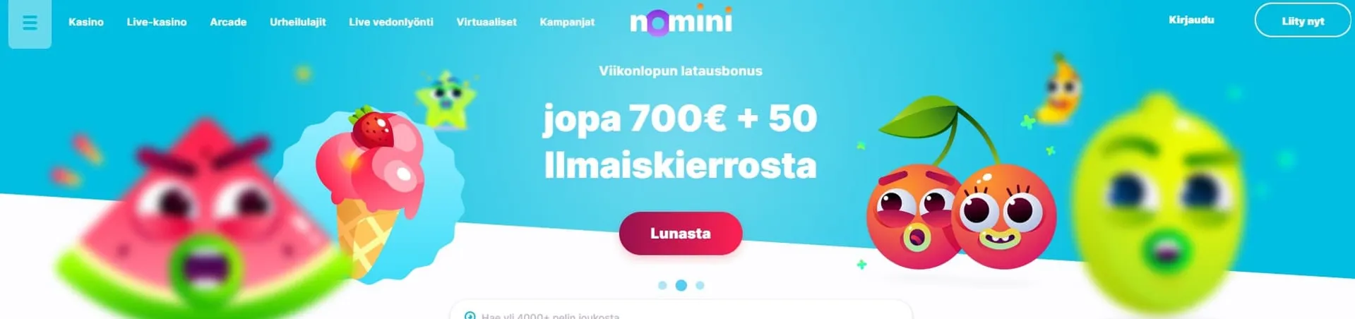 Erivärisiä piirrettyjä hedelmiä joilla on silmät ja suu