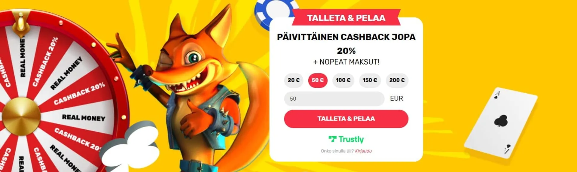 Piirretty kettu hahmo ja onnen pyörä keltaisella taustalla