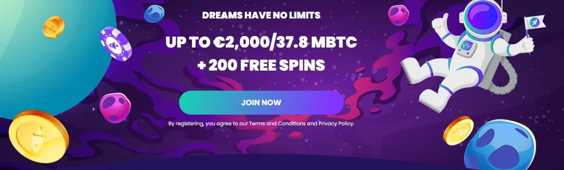 Bitdreams Casino violetti tausta jossa planeettoja ja piirrety avaruusmies ja tarjous