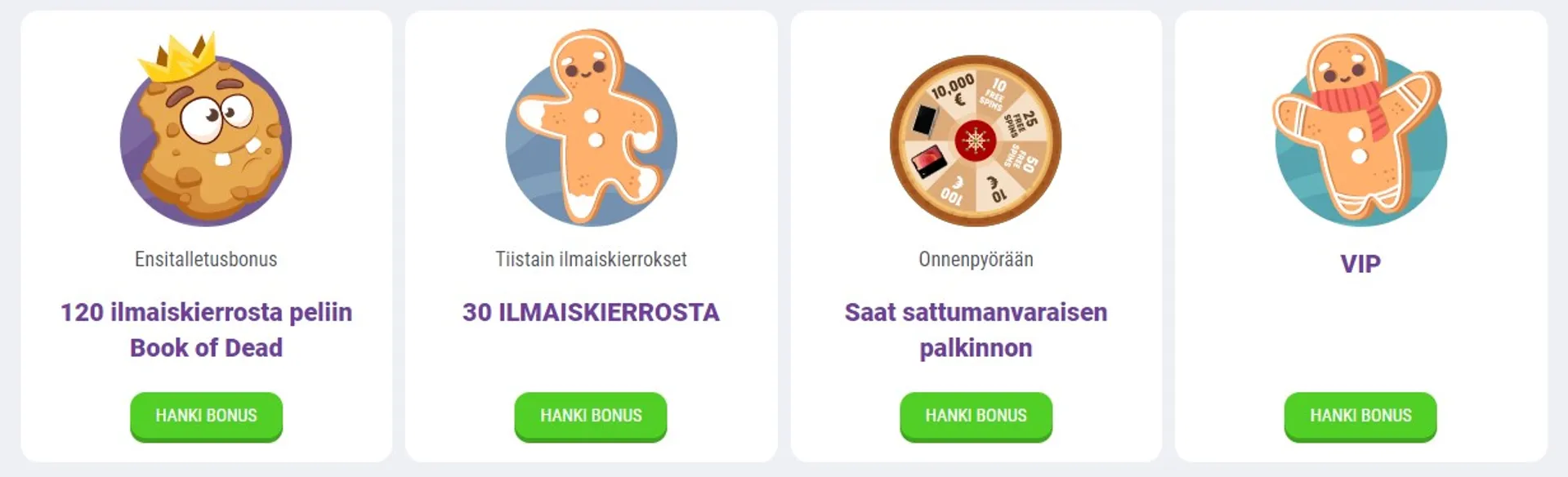 Cookie Casino neljä kuvaketta jossa on erilaisia piirrettyjä keksihahmoja ja maininnat erilaisista tarjouksista kasinoilla