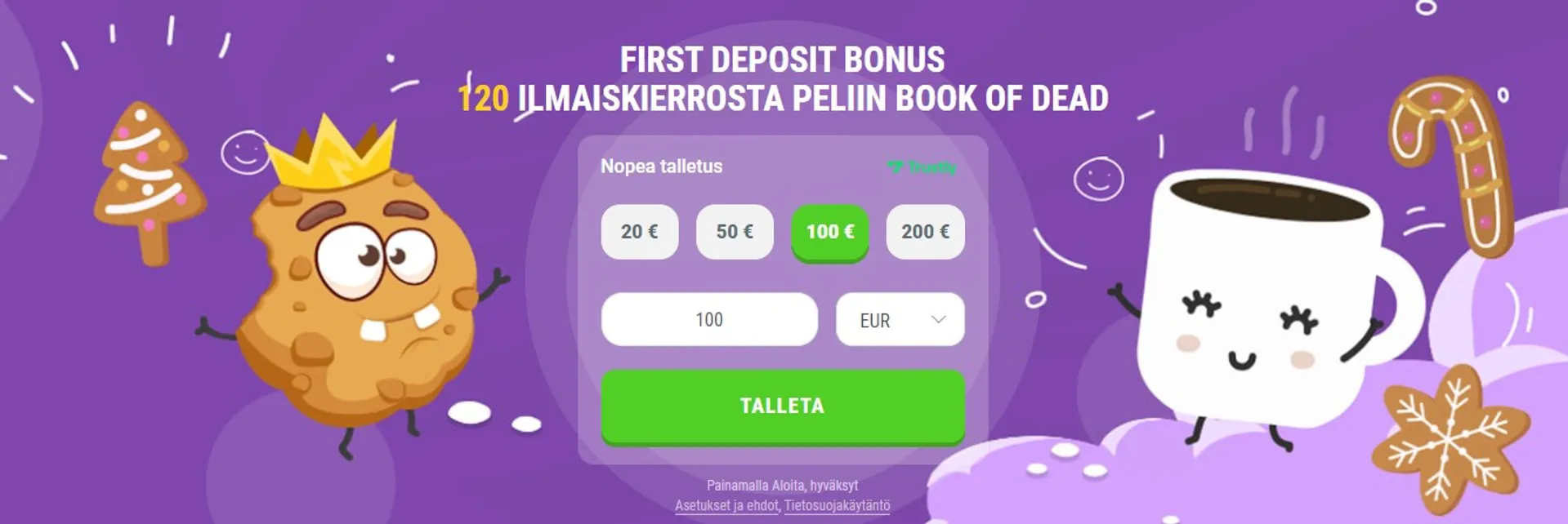 Cookie Casino kuvassa piirretty kahvimuki, eriliaisia keksejä ja isompi keksi, jolla on kasvot ja kruunu päässä.