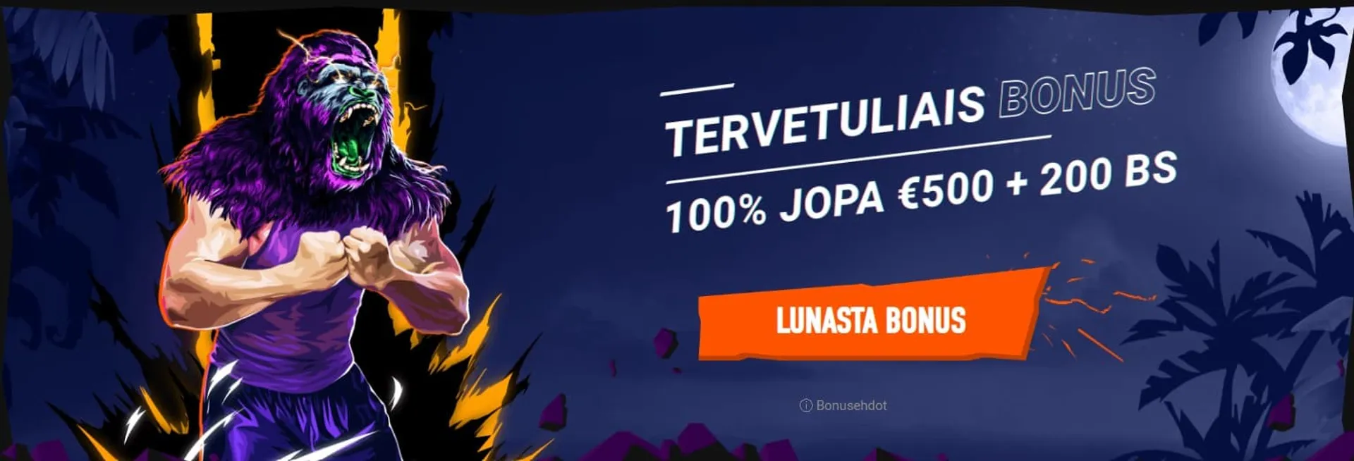 Ihmisgorilla hahmo ja tumma öinen tausta, kuu ja palmuja