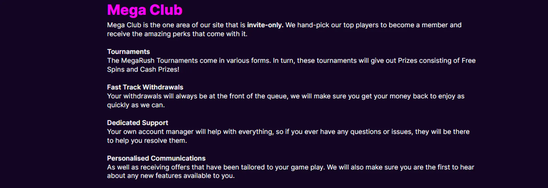 VIP bonuses at MegRush casino