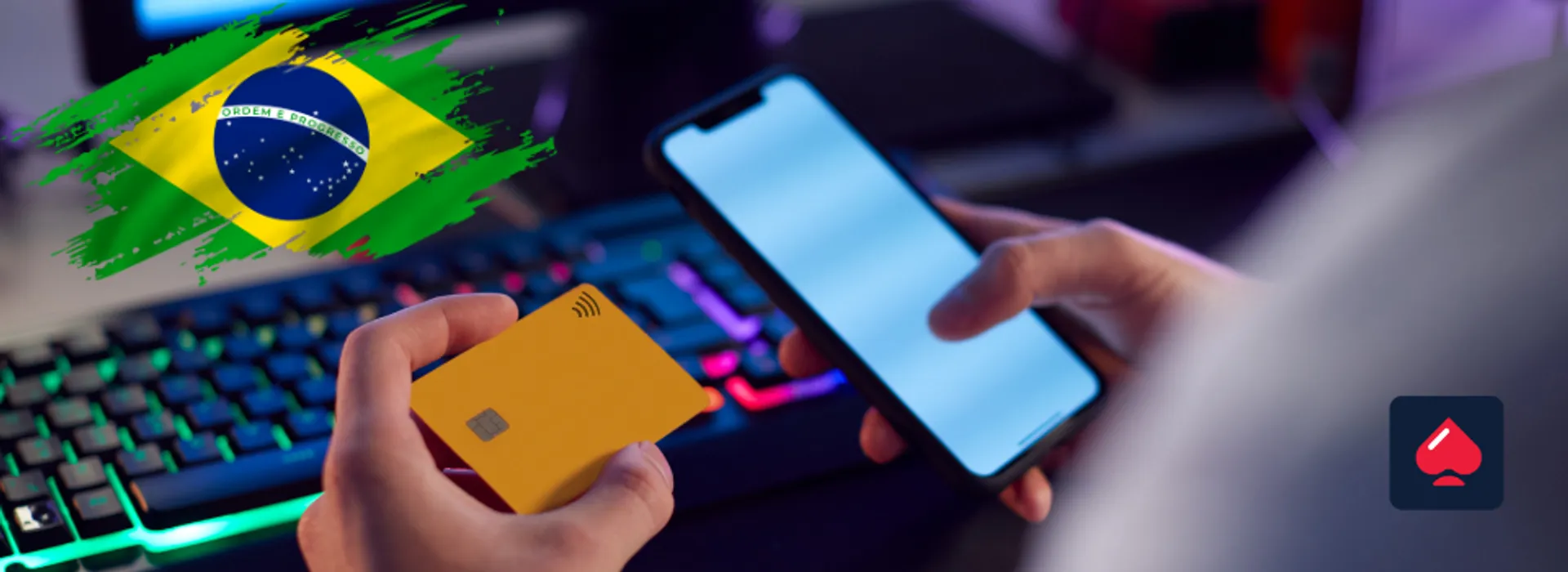 image of mobile phone, bank card and brazil flag