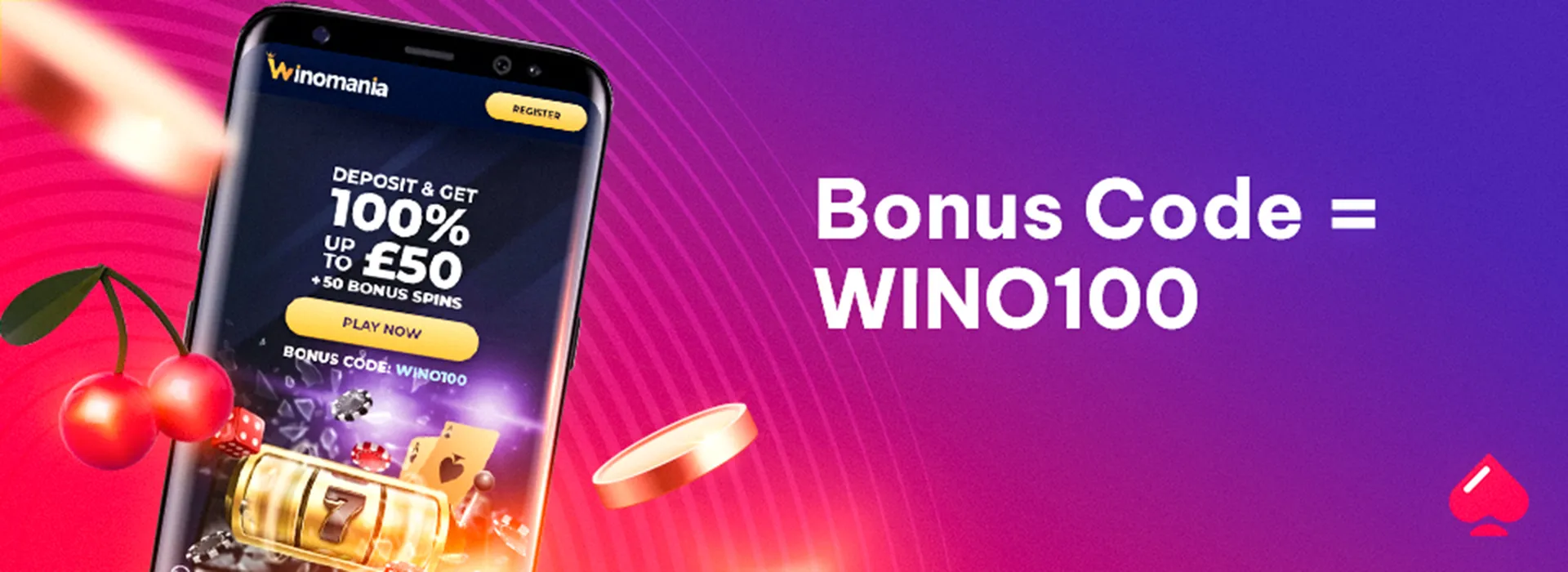 Image showing the Winomania bonus code at CasinoTopsOnline