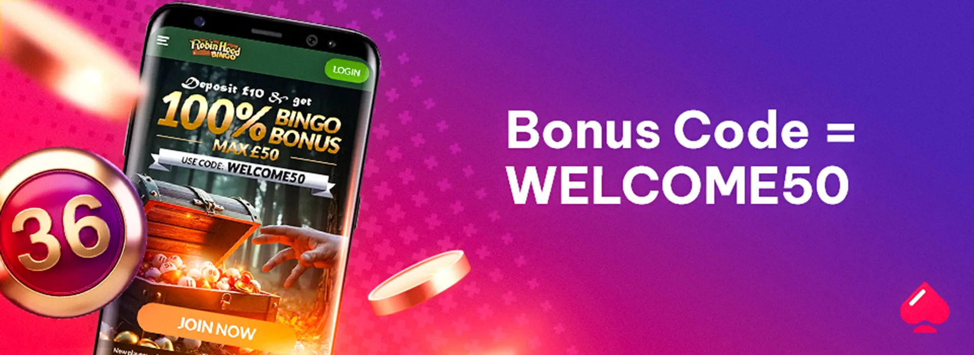 Image showing the robin hood bingo bonus code WELCOME50