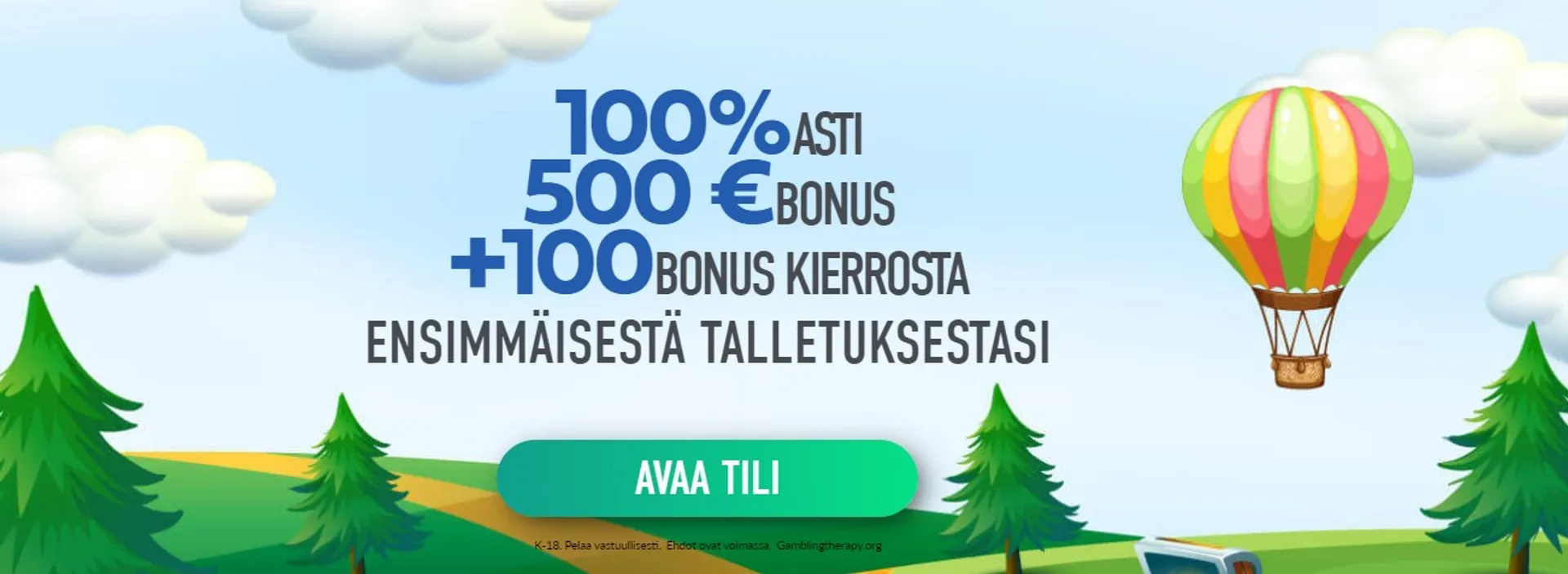 Piirretty maisema jossa kuusia, tie, kuumailmapallo ja pilviä