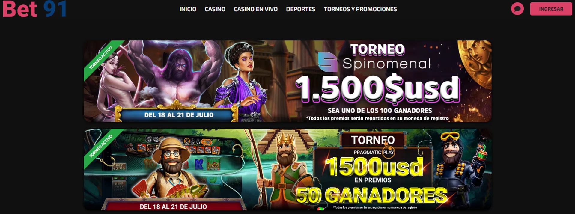 Catálogo de bonos de Bet91 Casino