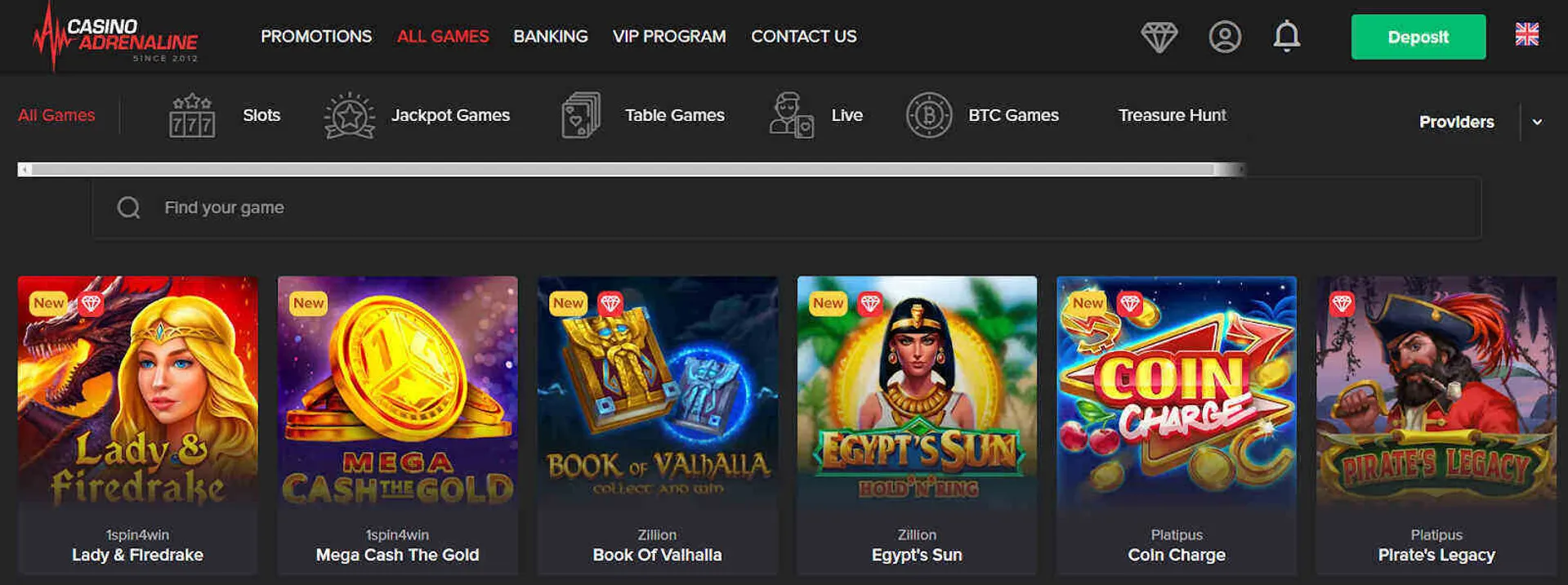 Casino games section in Casino Adrenaline