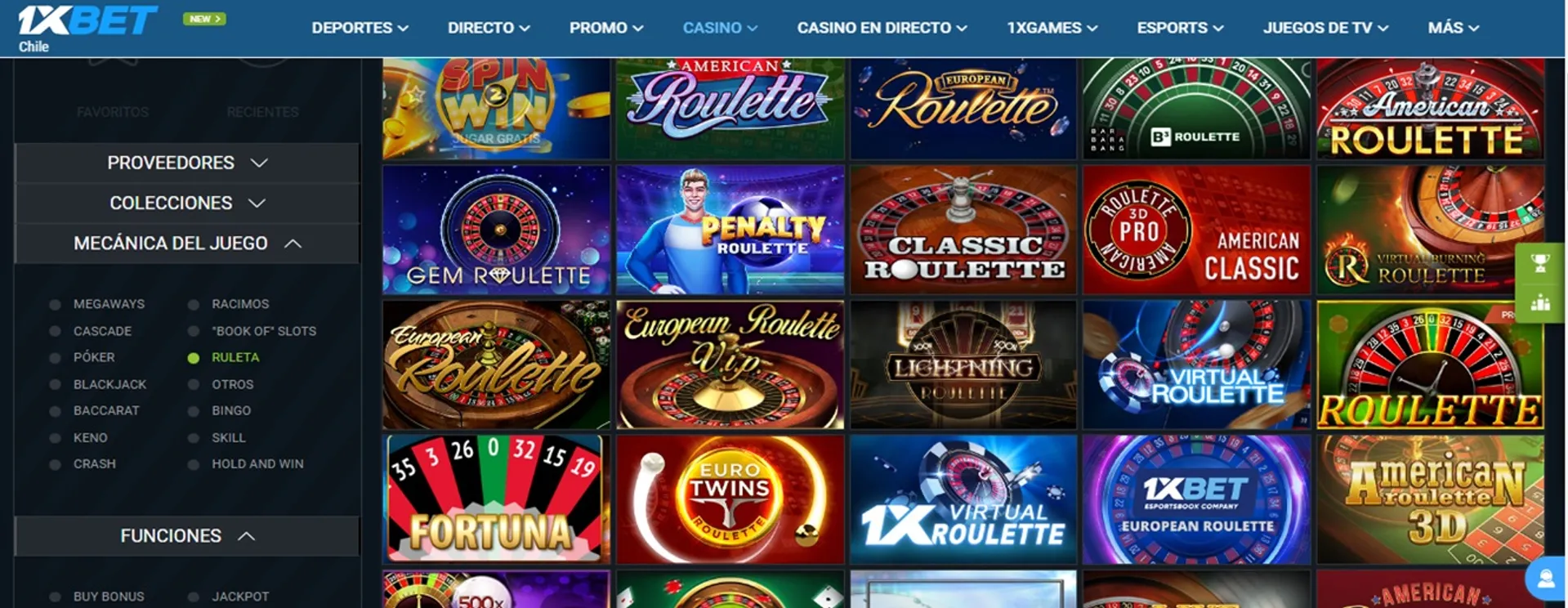 Catálogo de ruleta en vivo de 1xbet