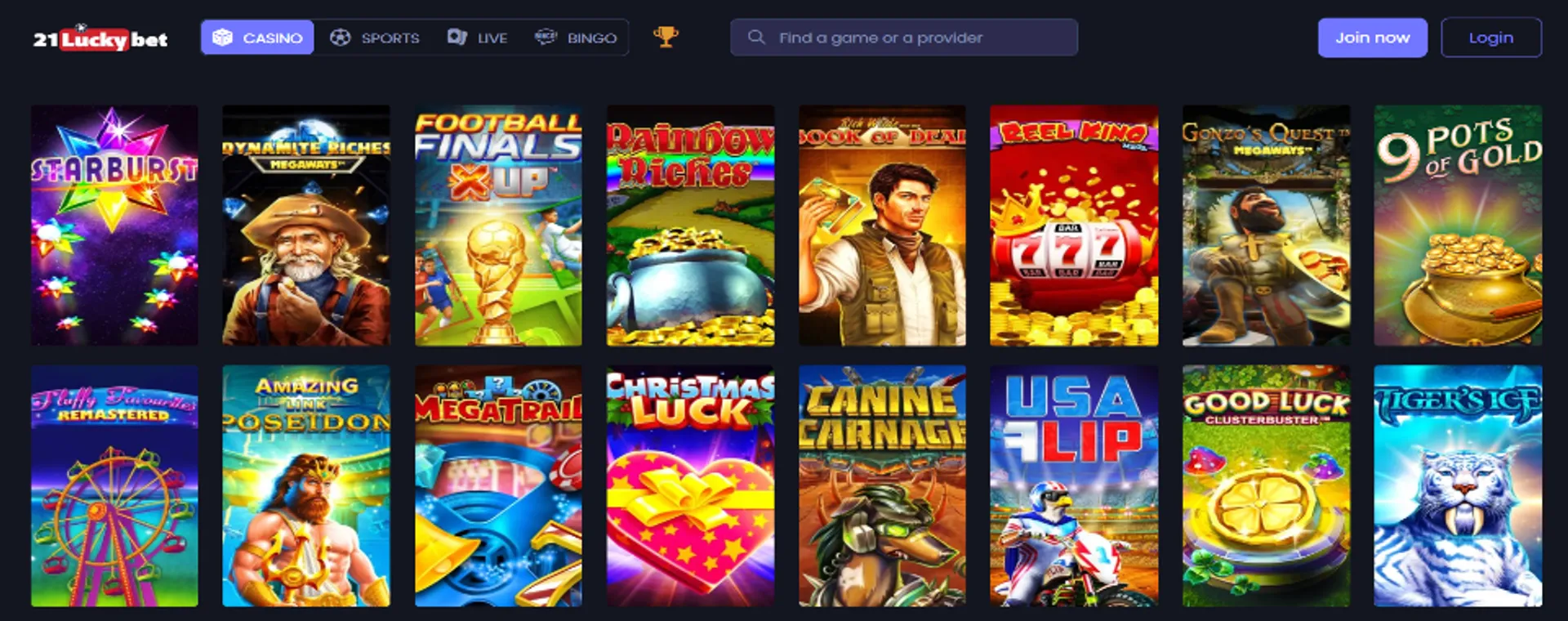 Game selection at 21LuckyBet