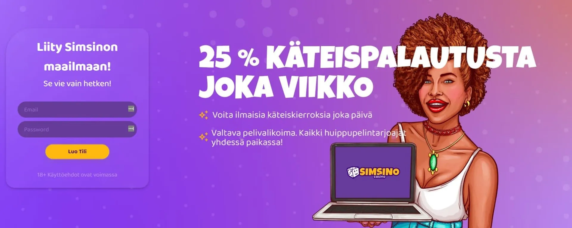 Violetti tausta ja naishahmo jolla on kannettava tietokone