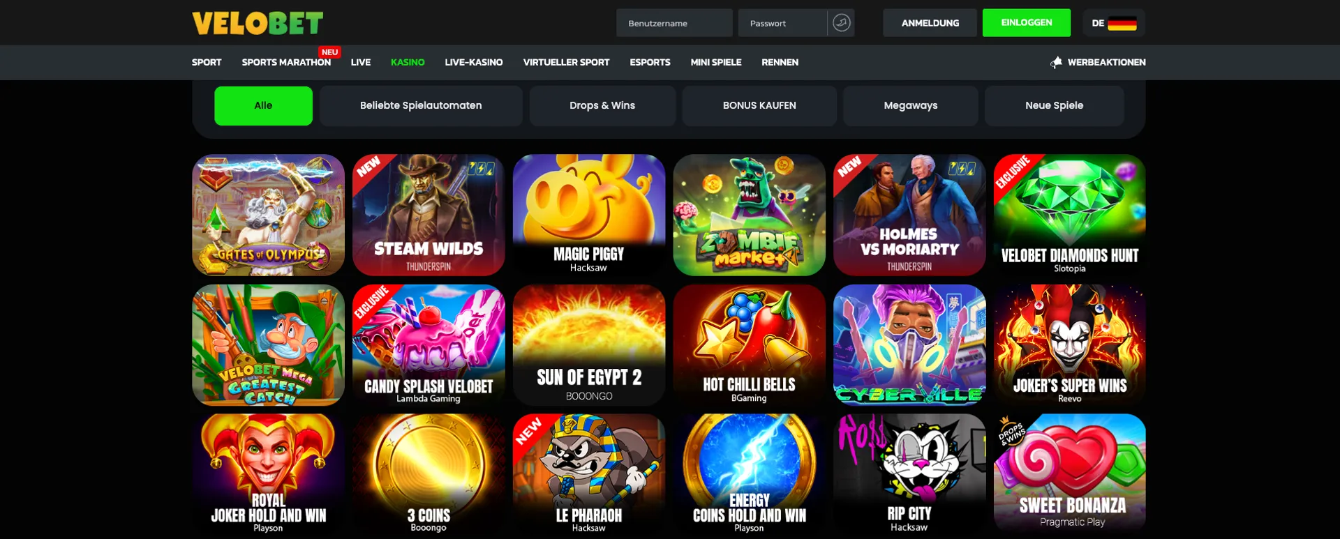 Velobet Spielauswahl