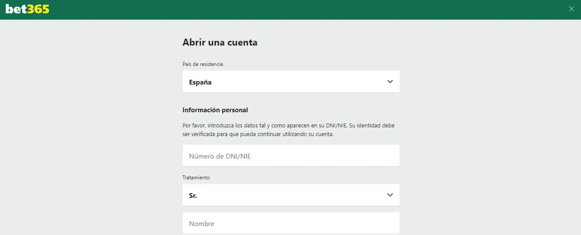 Este es el formulario de registro en bet365