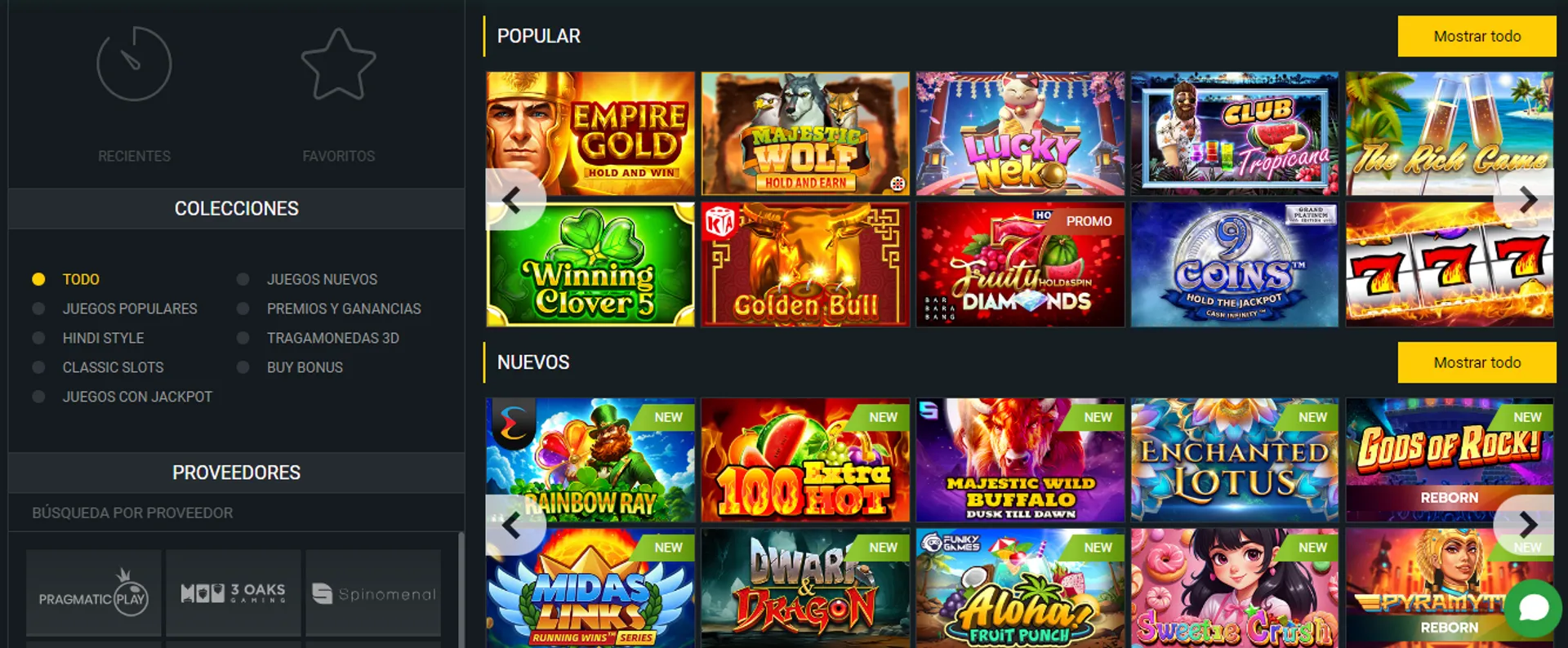 Este es el catálogo de juegos de Betwinner