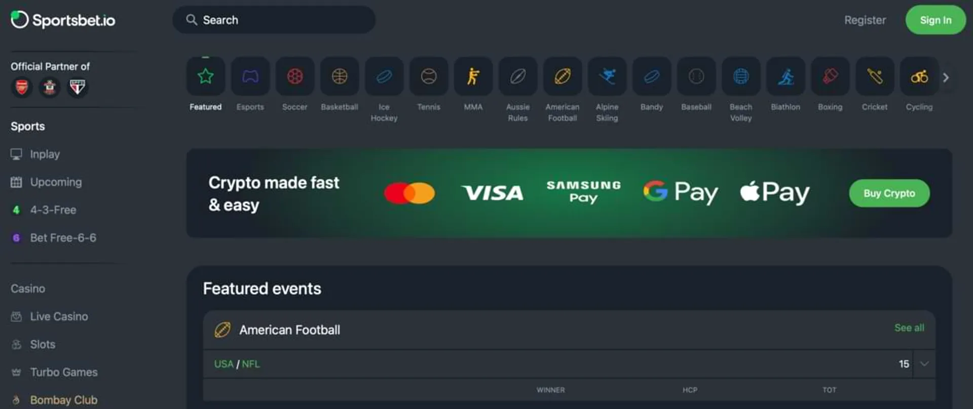 Домашняя страница Sportsbet.io