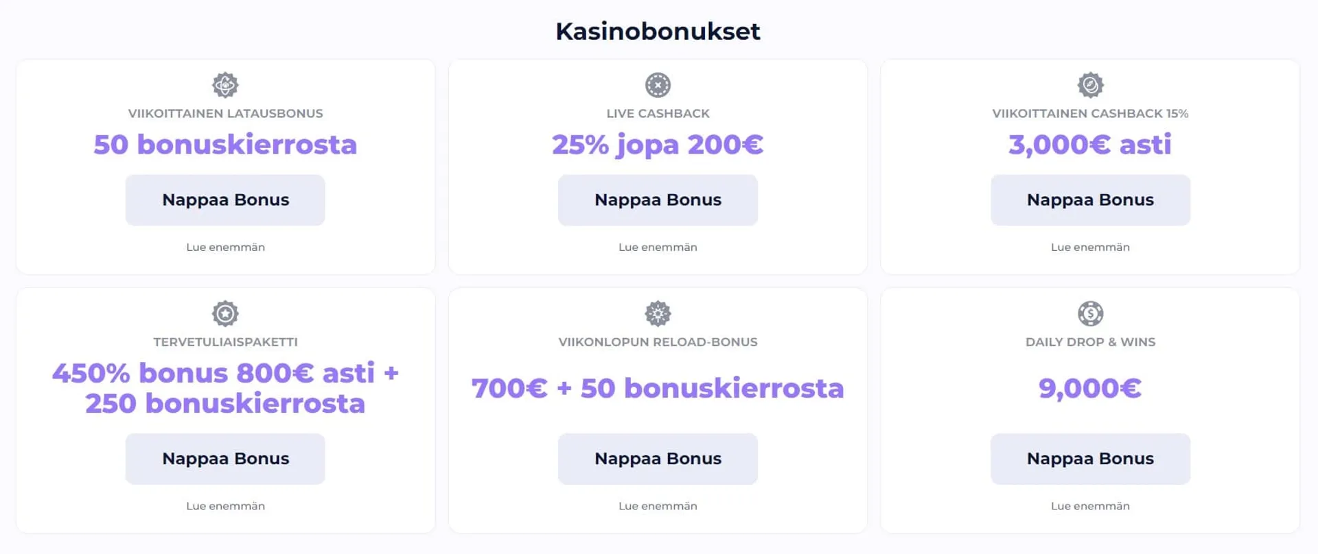 LightCasino bonukset jaoteltuna ja otsikoituna