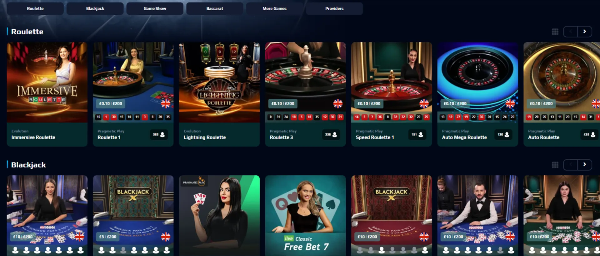 Live casino tables