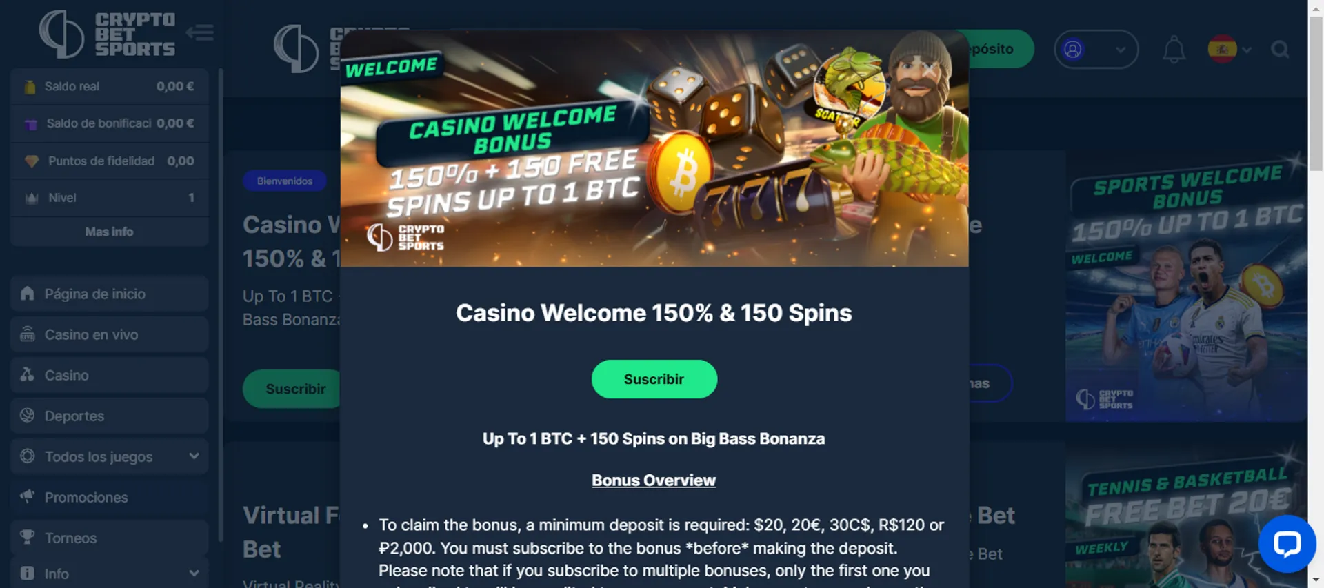 CryptoBetSports ofrece un bono de bienvenida en su sección de casino