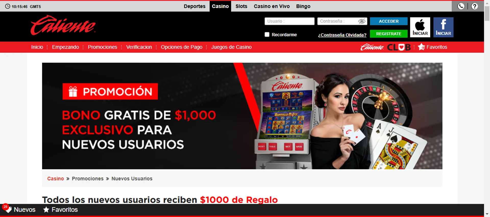 El casino Caliente ofrece un bono sin depósito a sus clientes nuevos