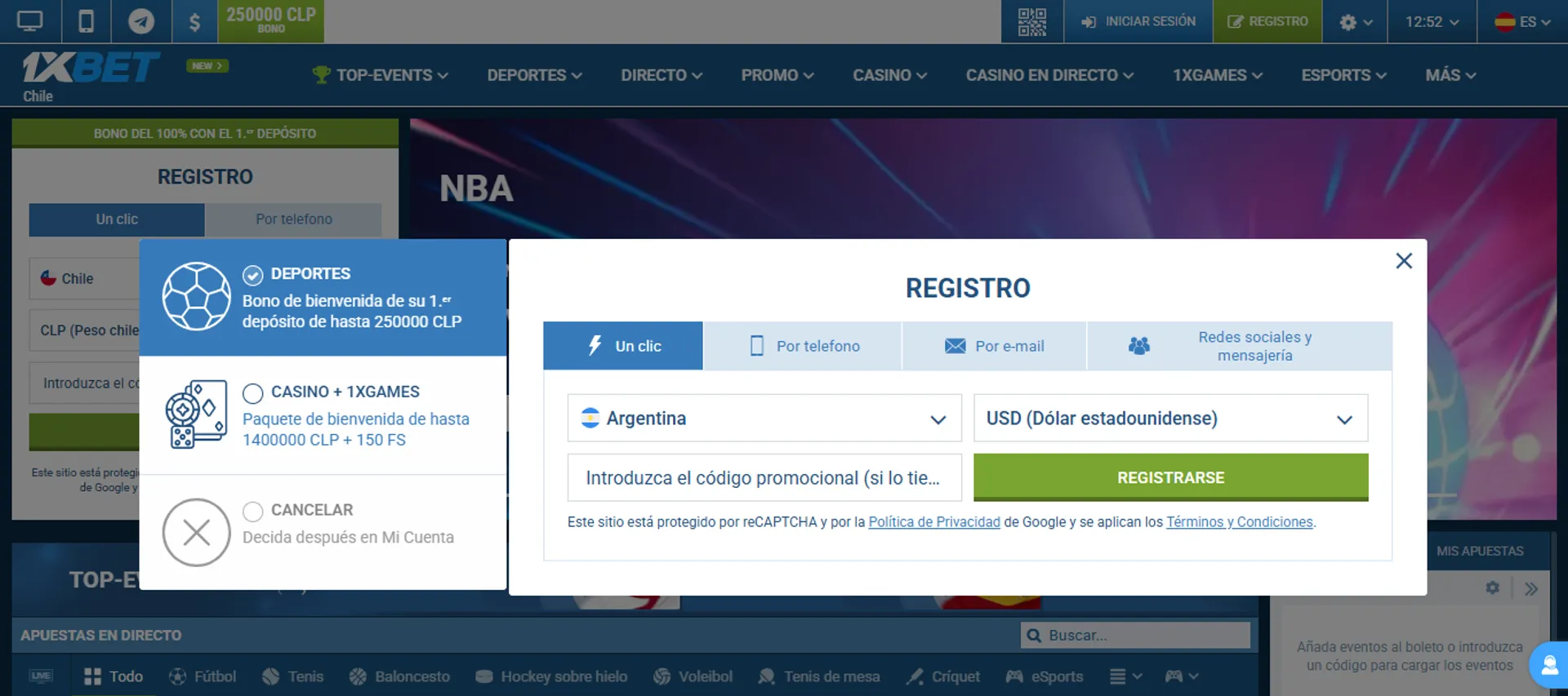 Este es el formulario de registro en 1xbet