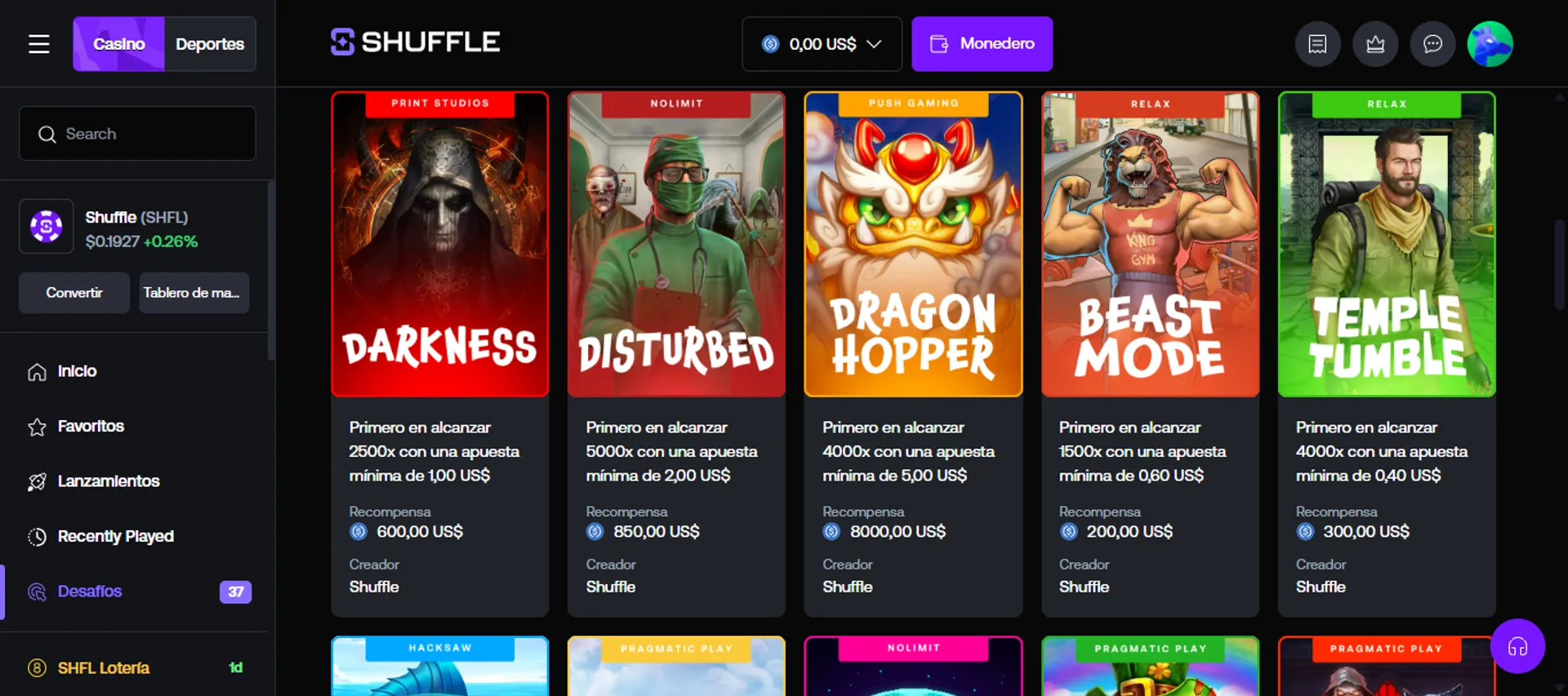Shuffle Casino establece diferentes desafíos todas las semanas