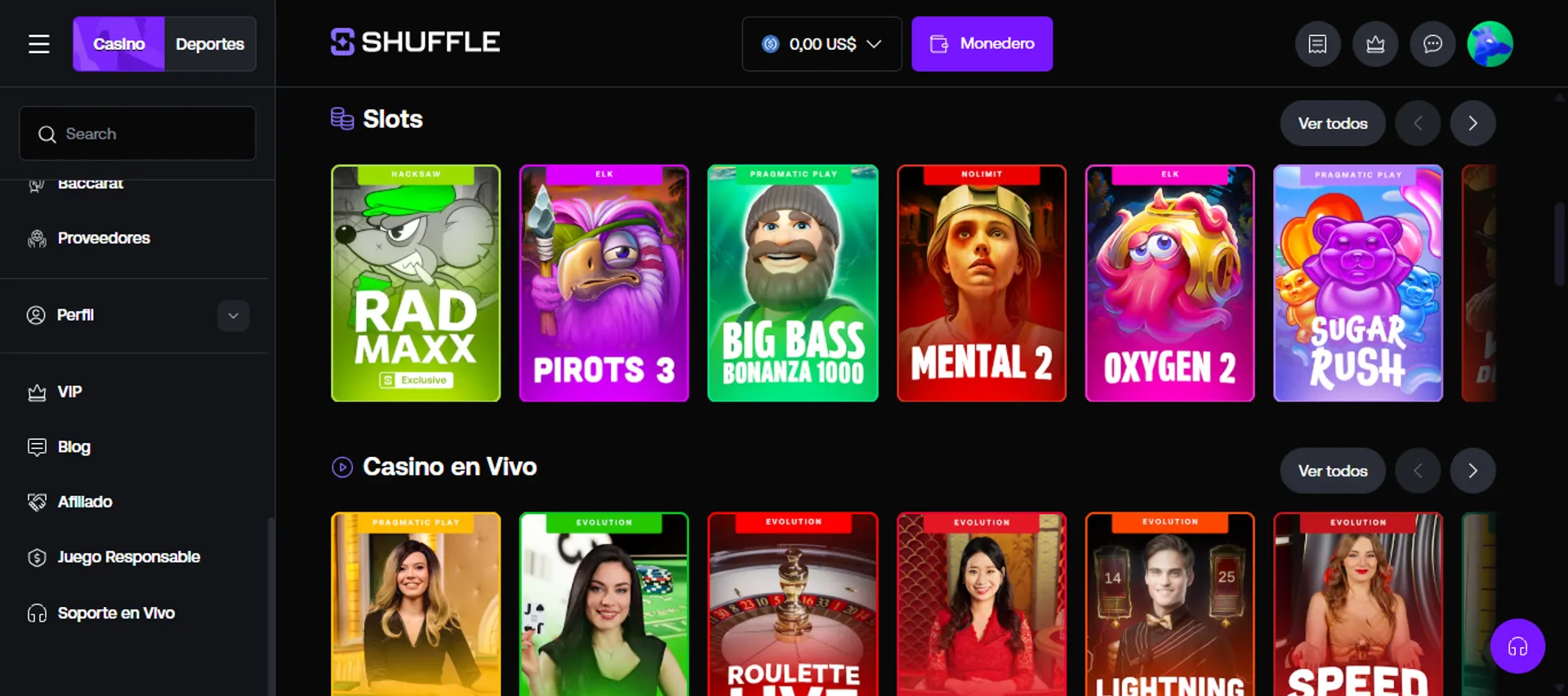 Shuffle tiene un catálogo con más de 4000 juegos de casino