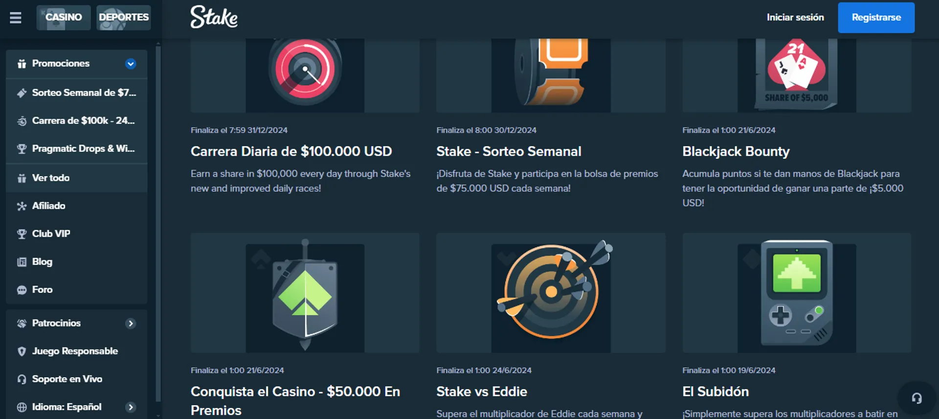 Este es el catálogo de promociones del casino Stake para América Latina