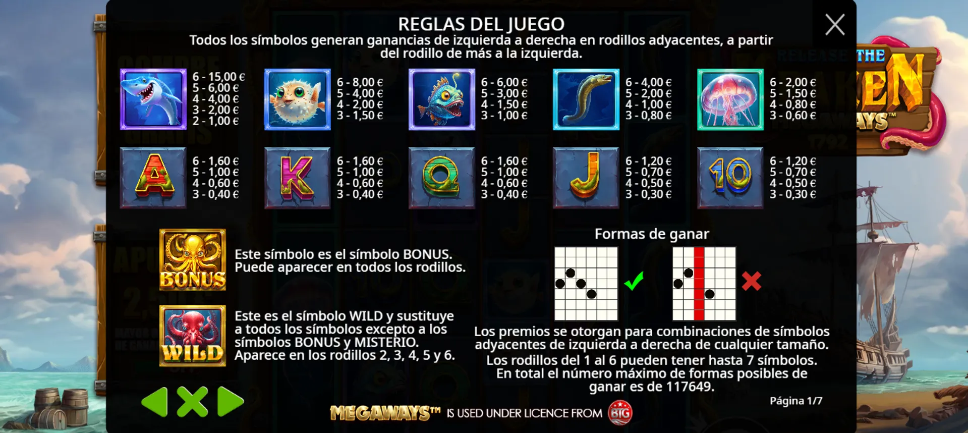 Captura de la tabla de pagos de la tragamonedas Release the Kraken Megaways