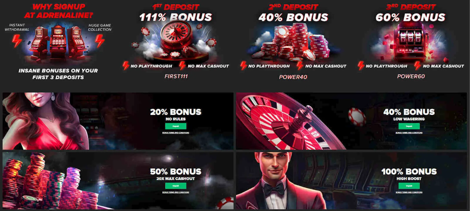 Bonuses and offers available at Casino Adrenaline