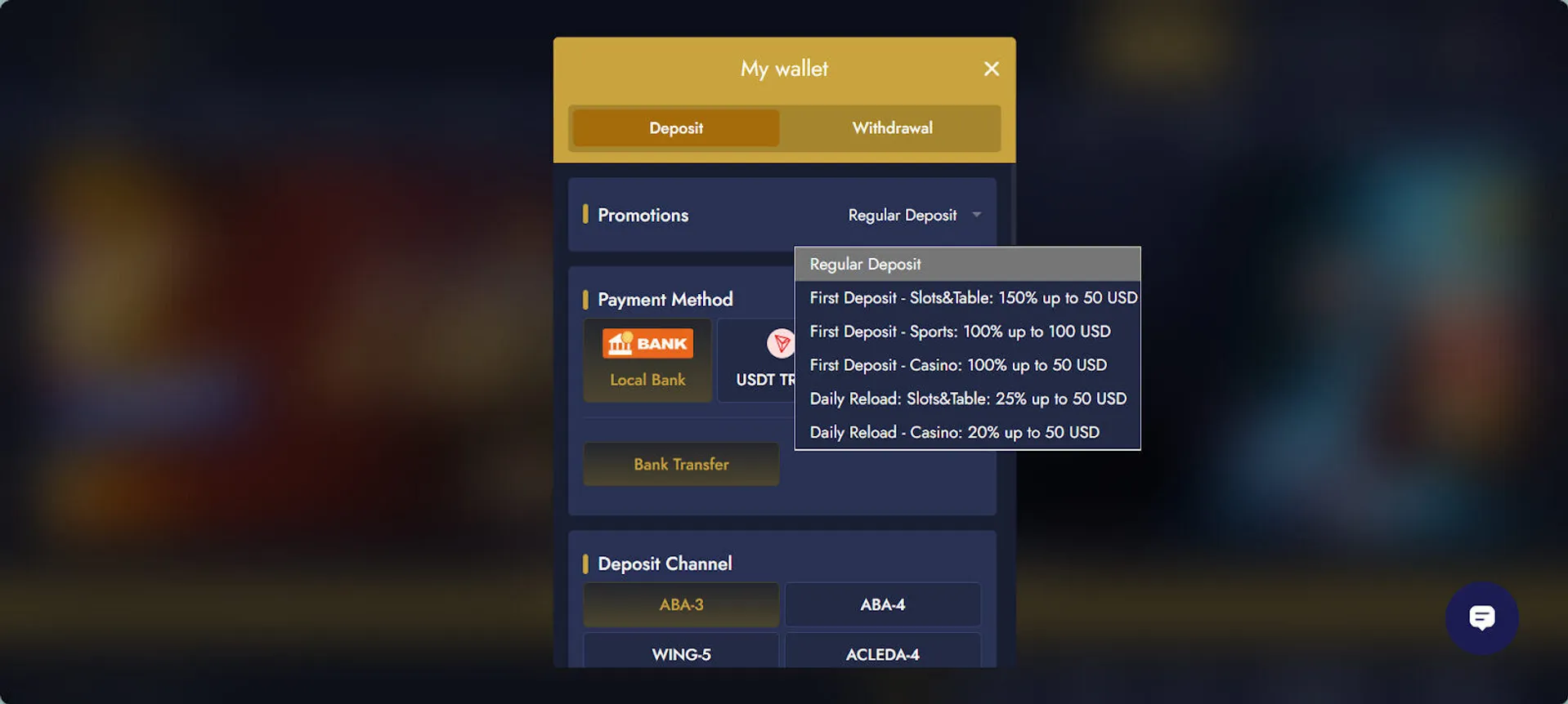 Hit the deposit icon and click on promotions at Mega Casino World