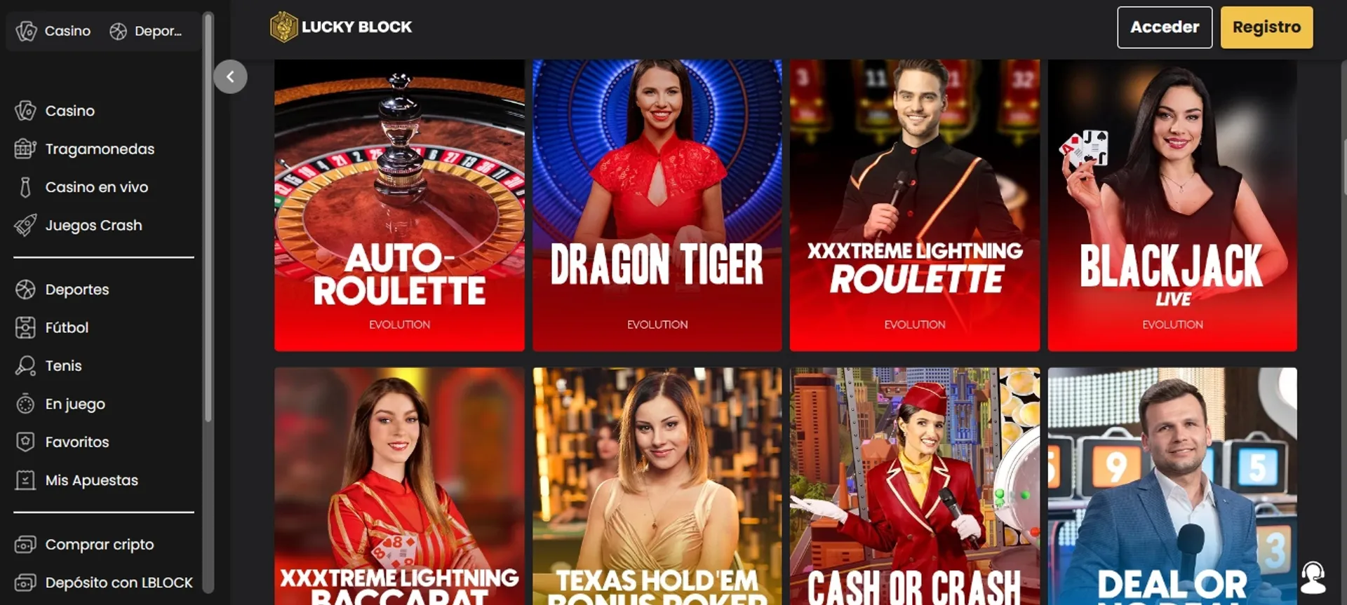 Descubre el catálogo de juegos en vivo del casino Lucky Block