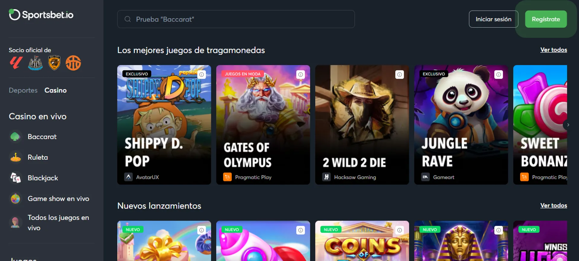 Este es el catálogo de juegos de casino en Sportsbet.io