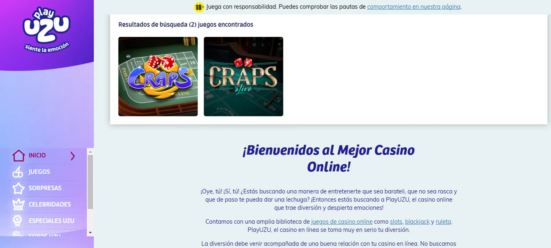 PlayUZU ofrece mesas de craps online