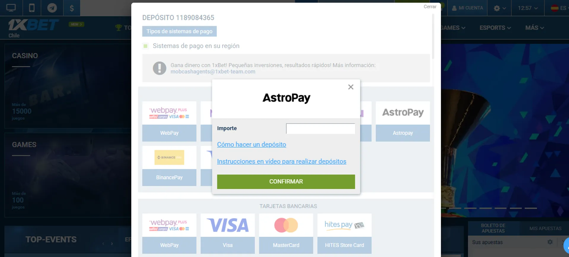 Puedes depositar dinero con Astropay en 1xbet