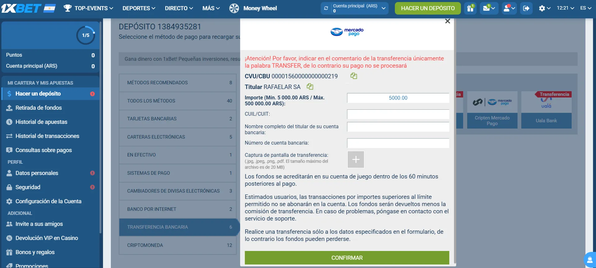 Formulario de pago con mercadopago en 1xbet