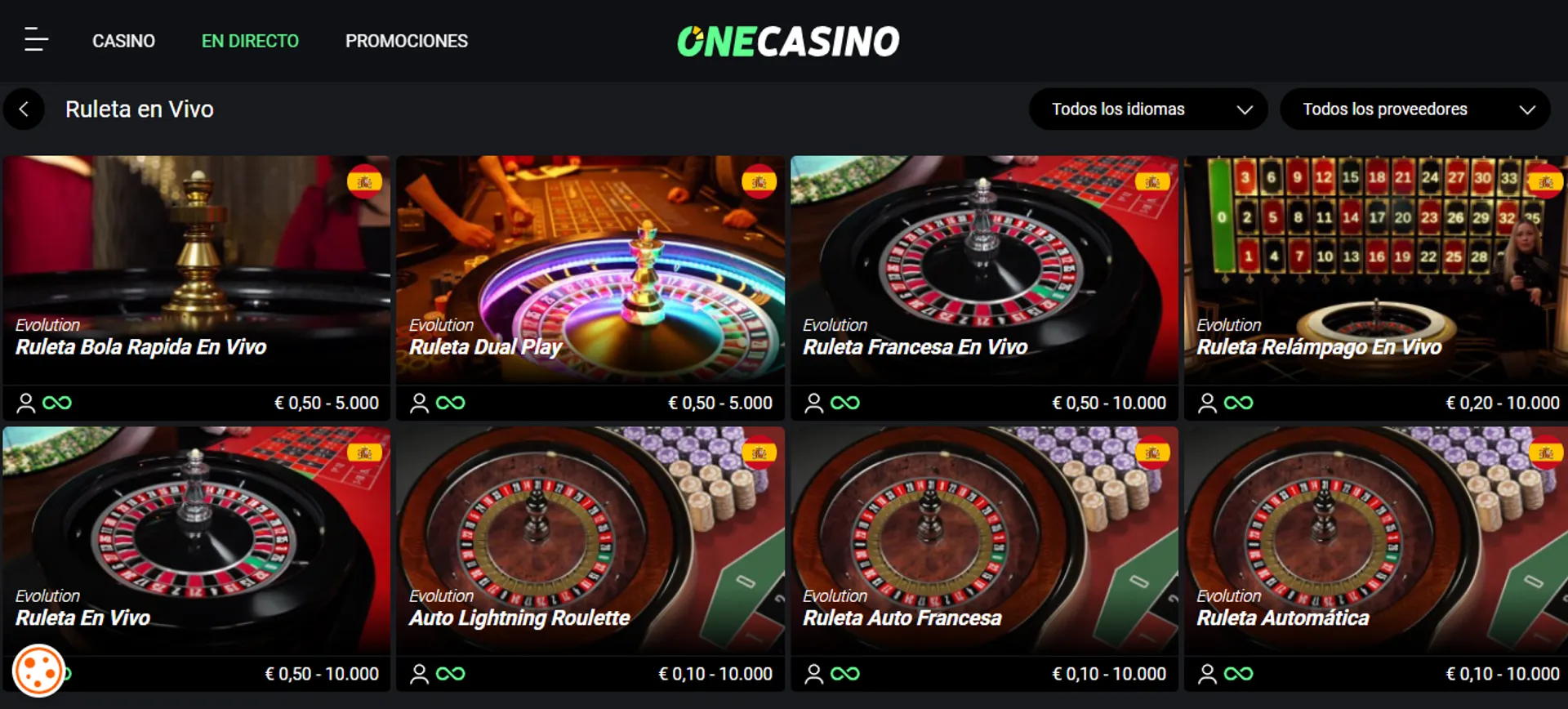 En One Casino es posible jugar a la ruleta en vivo