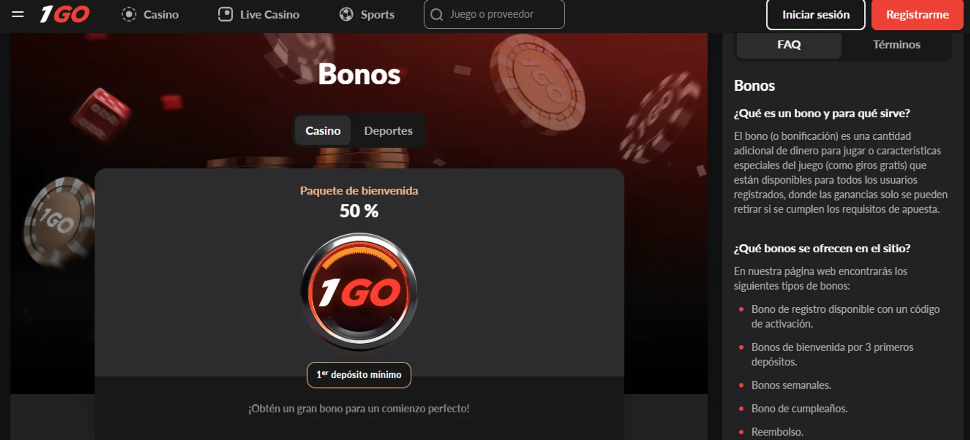 El casino 1Go ofrece bonos a sus usuarios registrados